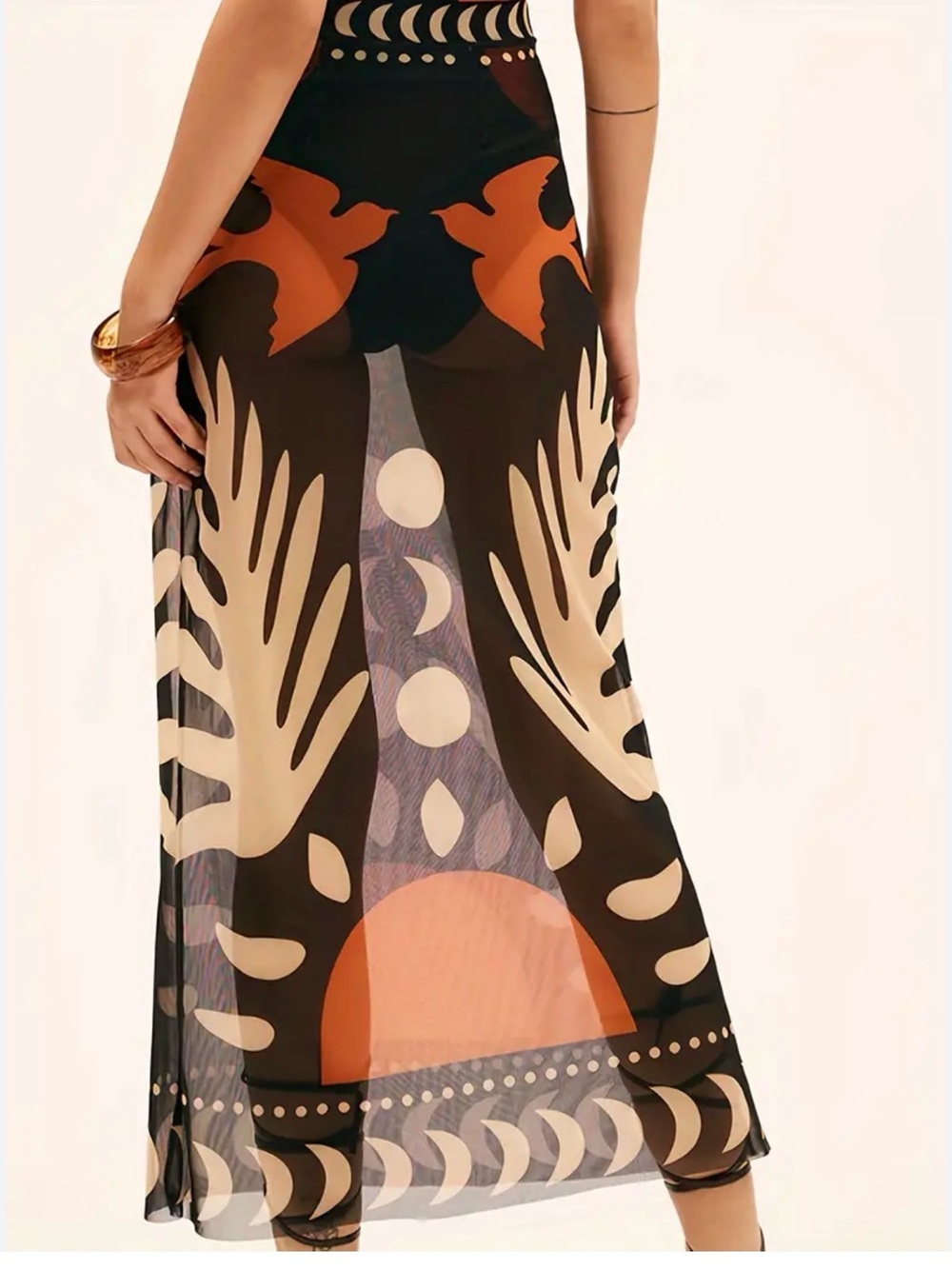 Commense Black Maxi transparent skirt Cream Graphic Bird Print Mesh Cover L - Picture 3 of 8